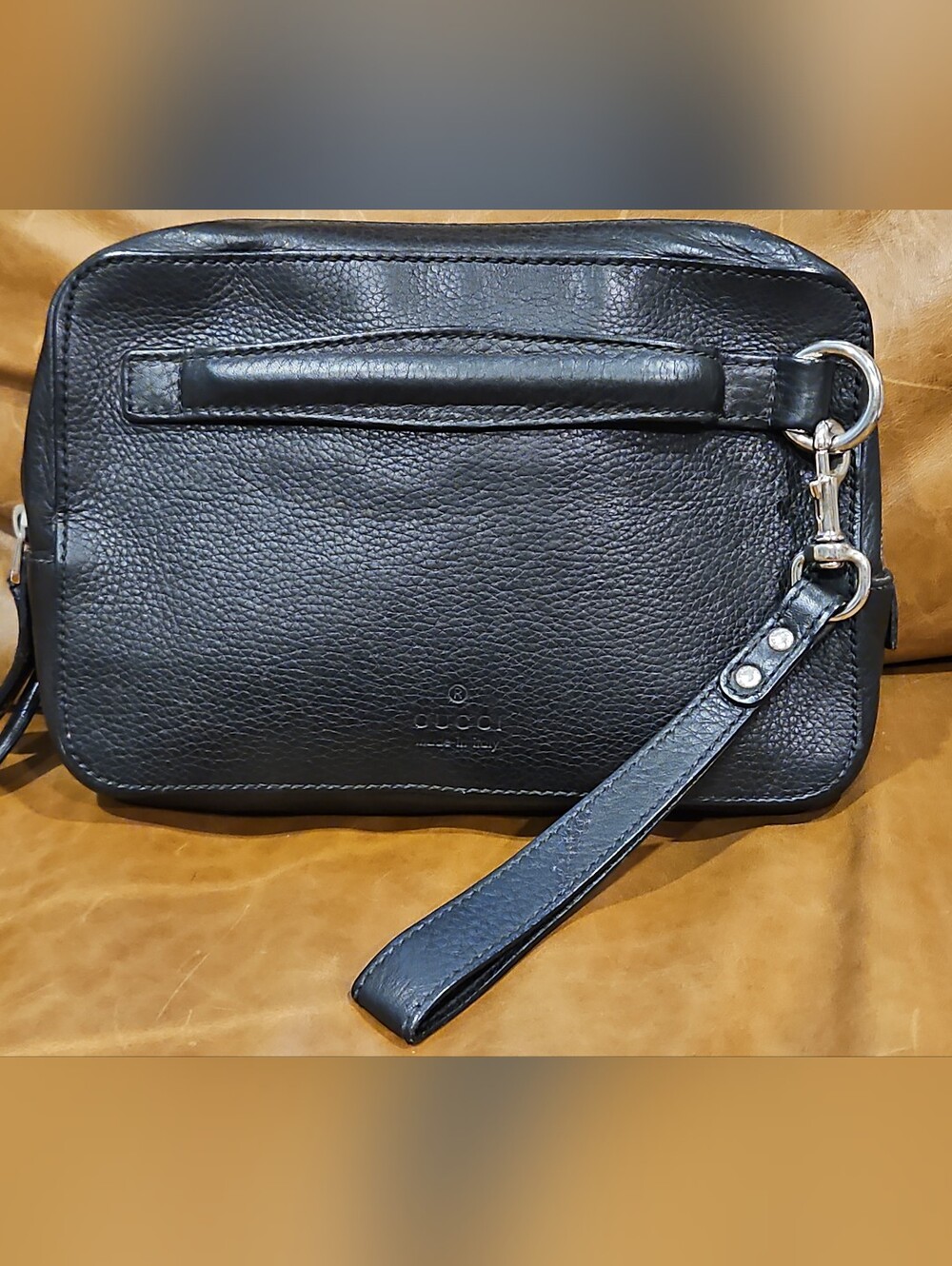 GUCCI Clutch Bag Black Pebbled Leather Silver Hardware Unisex